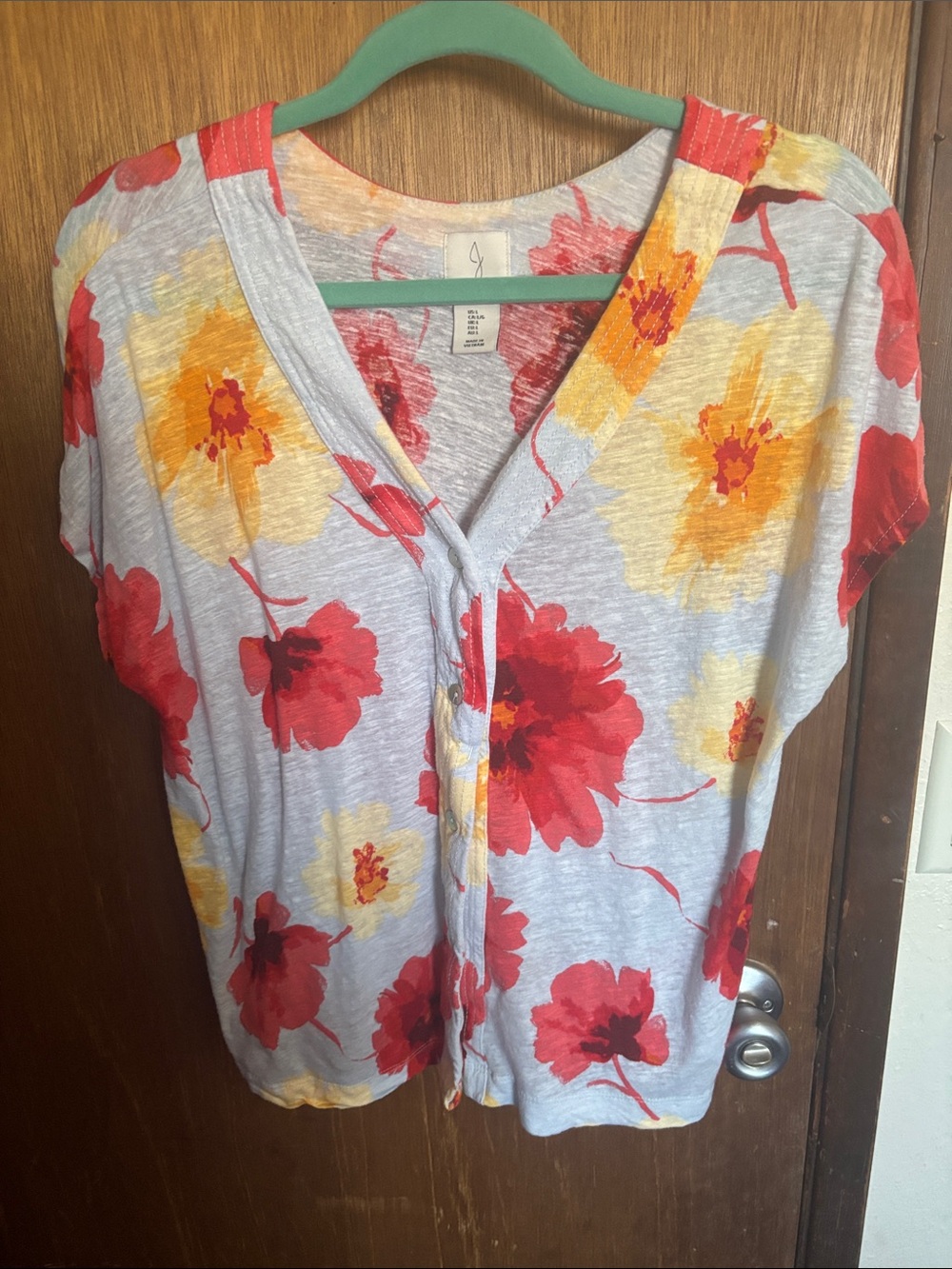 Joie Gray V-Neck Button Front Top with Red & Yellow Floral Print
